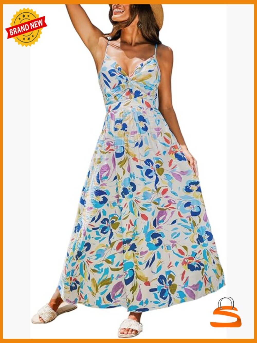 Abstract Print V-Neck Sleeveless Smocked Waist Maxi Dress Casual Beach Vacation